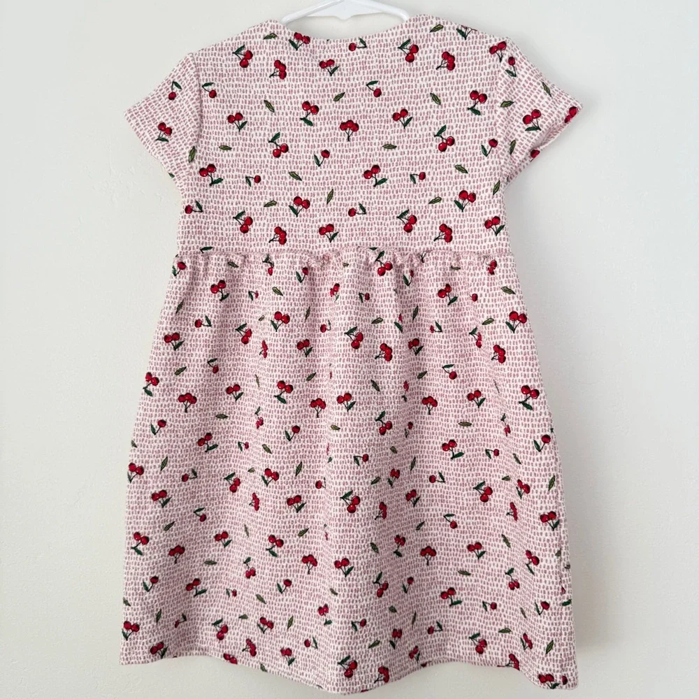 Zara Girls Cherry Print Dress Pink Red Elastic Waist Size 4–5